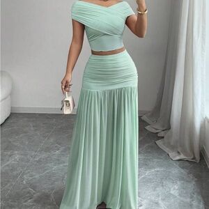 Elegant Mint Green Off-Shoulder Skirt Set